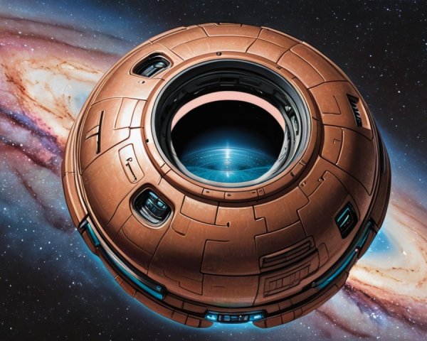 Sleek Metallic Spacecraft Hovers in Cosmic Scene