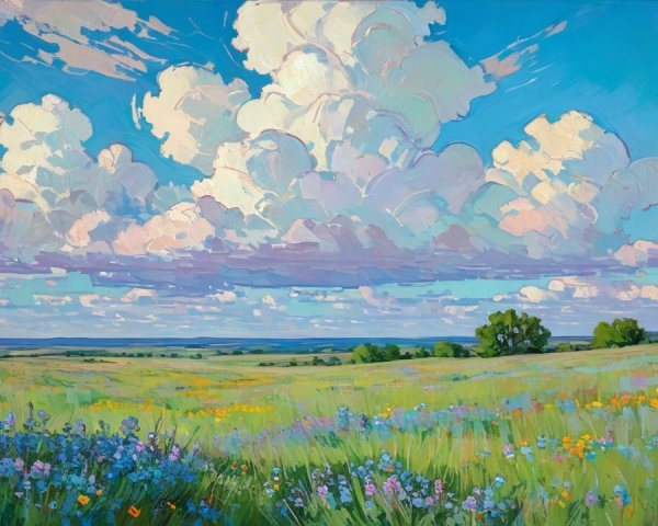 Vibrant Landscape with Green Field and Wildflowers