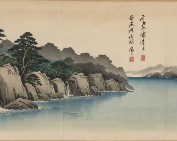 Serene Landscape with Waterfall and Misty Mountains