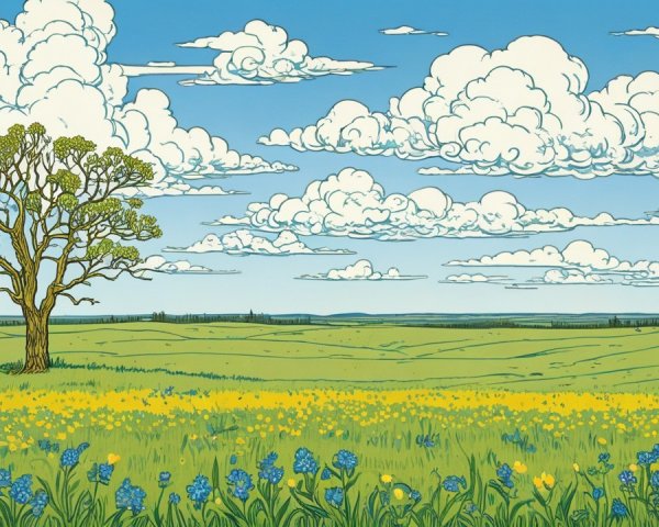 Lone Tree in Colorful Meadow Under Blue Sky