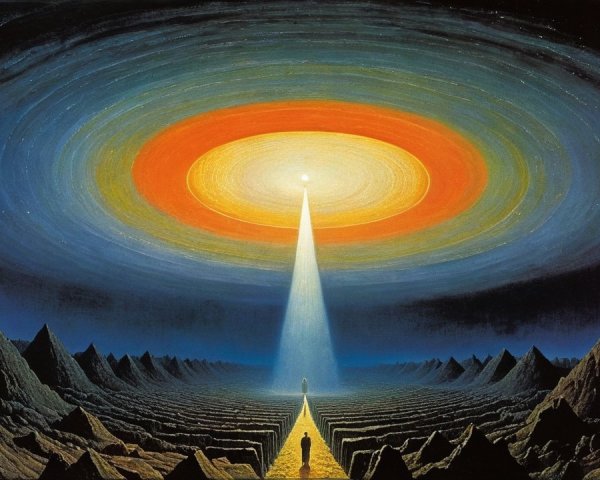 Surreal Landscape with Mountains and Multicolored Sun