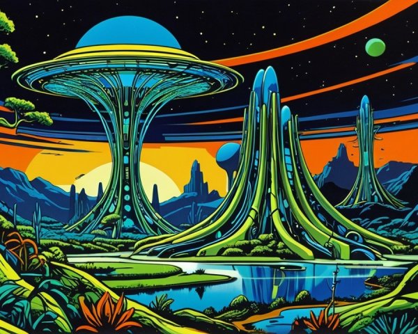 Surreal Landscape with Neon Colors and Spaceship