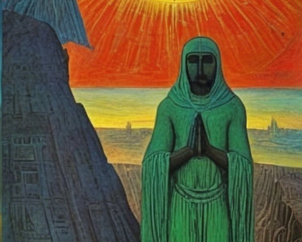 Mystical Scene with Figure in Green Robe and Angel