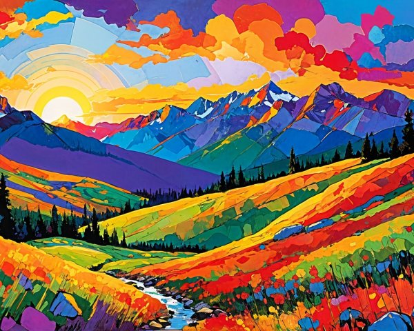 Vibrant Landscape with Colorful Wildflowers and Mountains