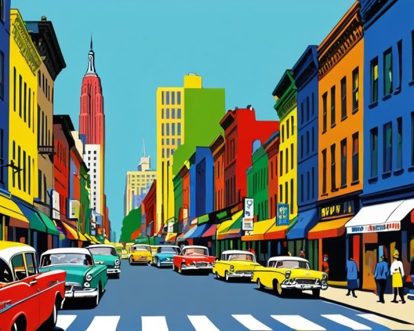 Vibrant City Street Scene with Colorful Buildings