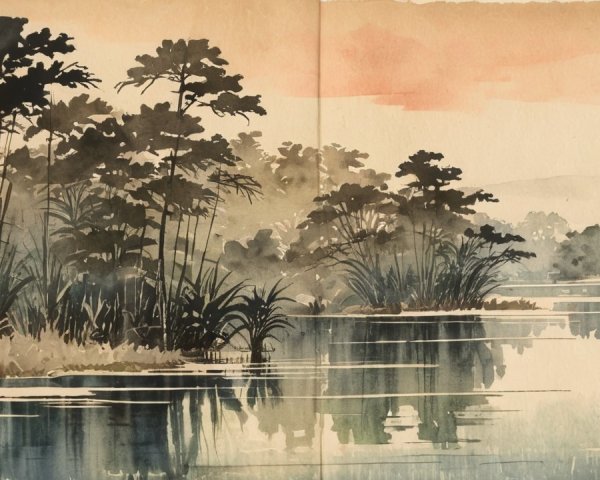 Watercolor Landscape of Grasses and Tree Reflections