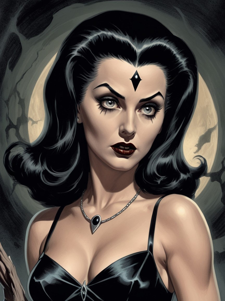 Mysterious Woman in Elegant Black Dress Under Moonlight