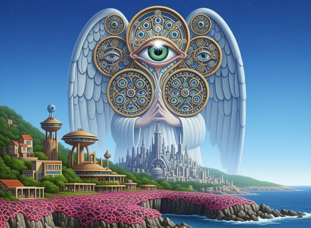 Surreal Landscape with Angel and Coastal City Elements
