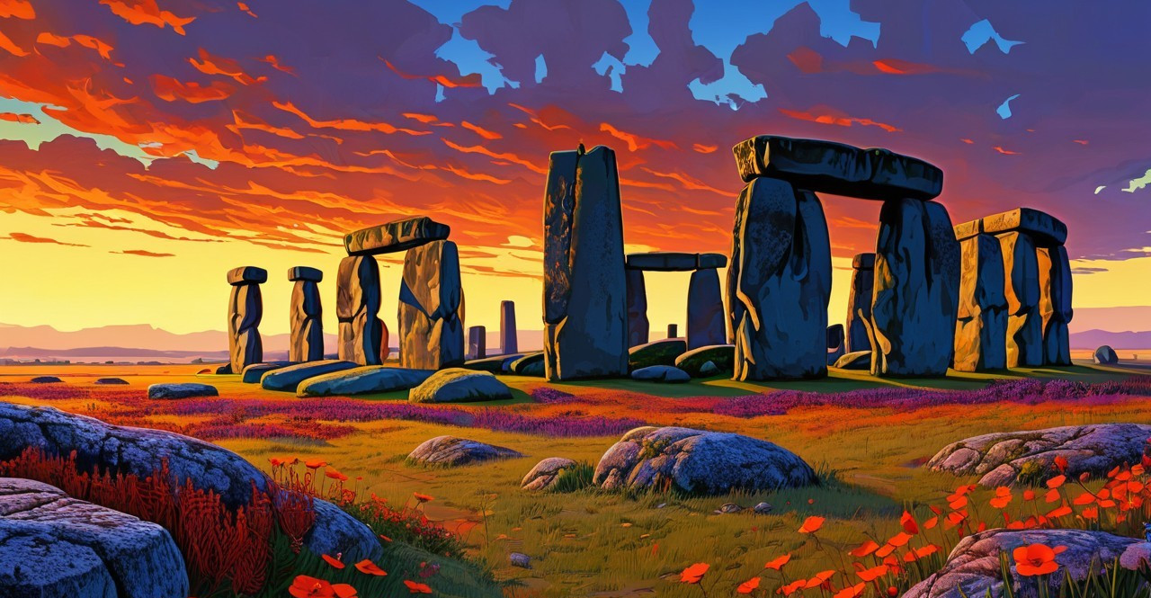 Vibrant Sunset Over Stonehenge with Lush Landscape
