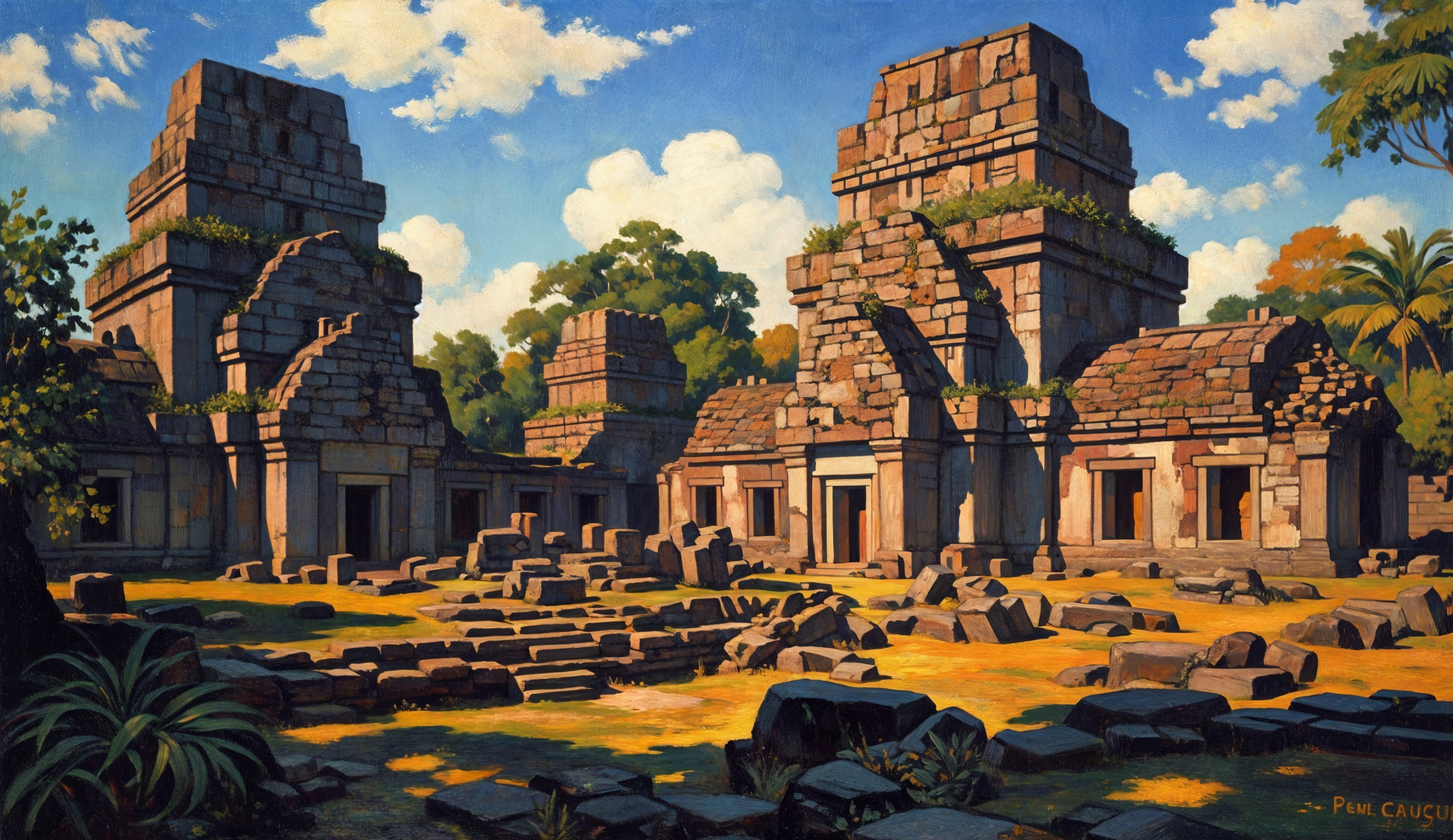 Ancient temple complex with stone structures and greenery