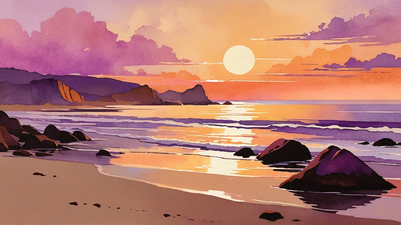 Serene Beach Sunset with Vibrant Sky and Calm Ocean