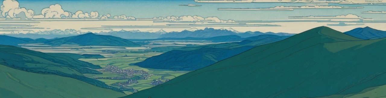 Panoramic Anime-Style Woodblock Print of a Valley