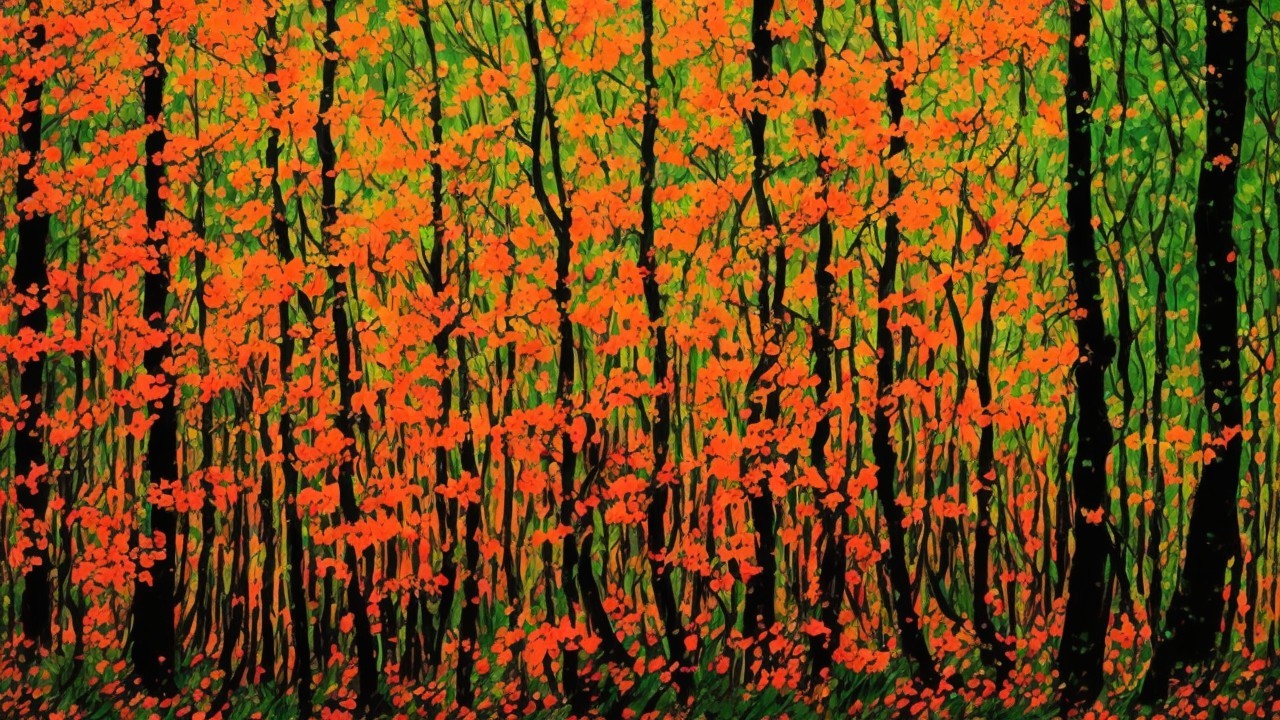 Vibrant Forest Scene with Fiery Orange Leaves