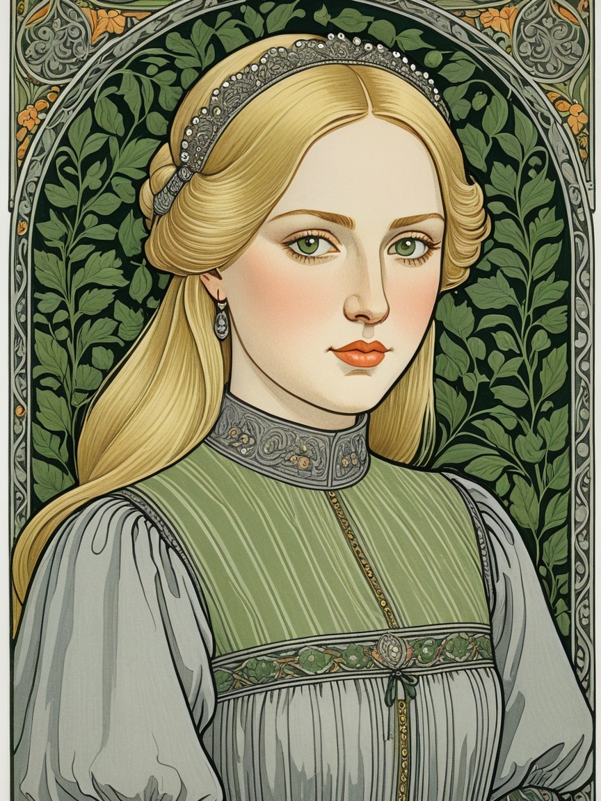 Young woman in green dress among lush greenery