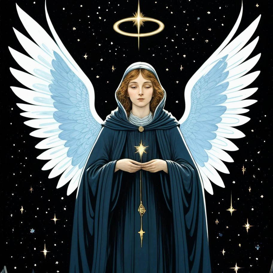 Serene angel with blue wings under a starry sky