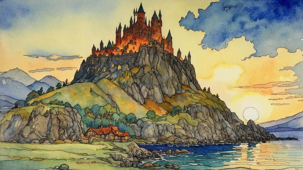 Majestic castle on a rocky hill with sunset backdrop