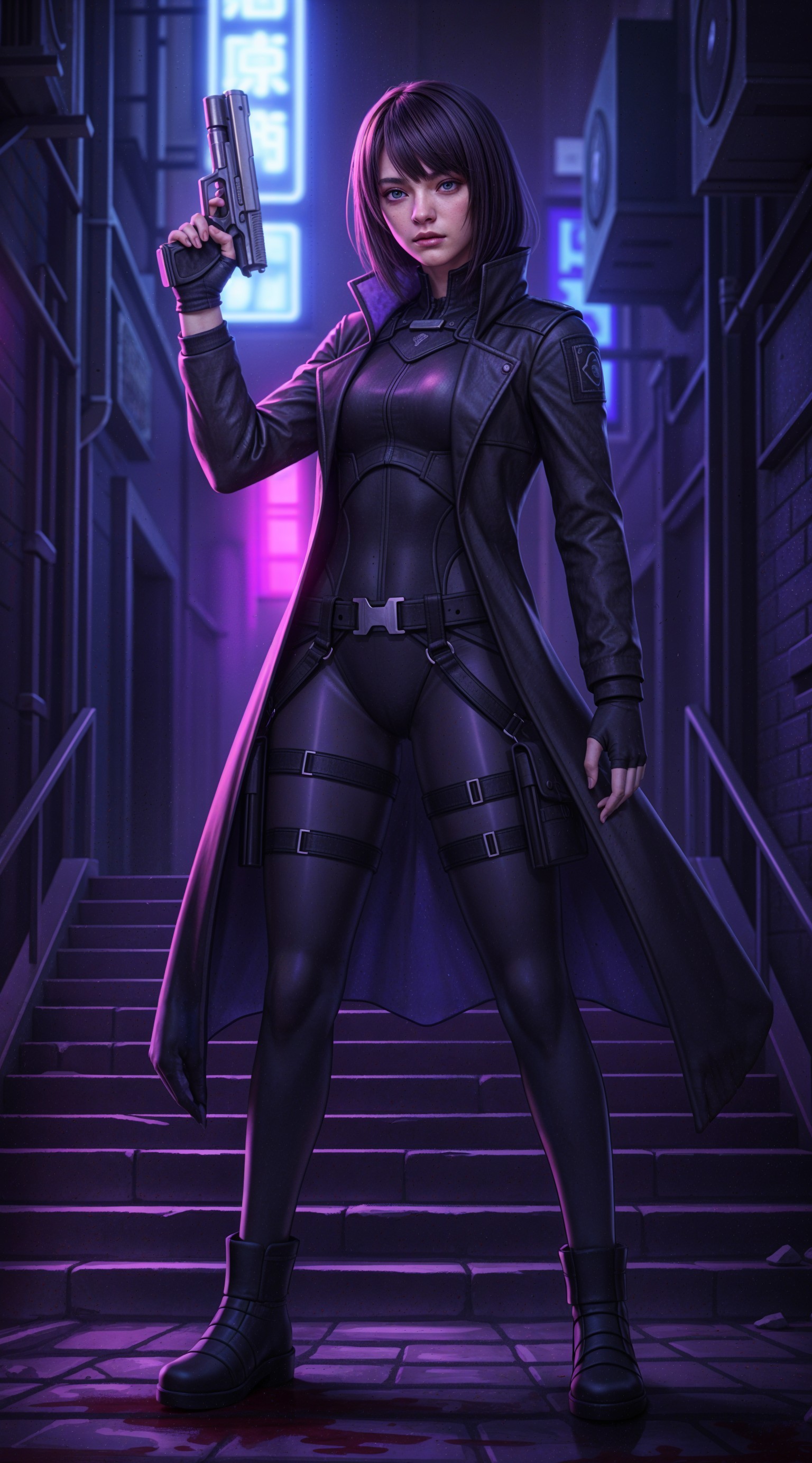 Fierce Female Character in Dimly Lit Alley with Handgun