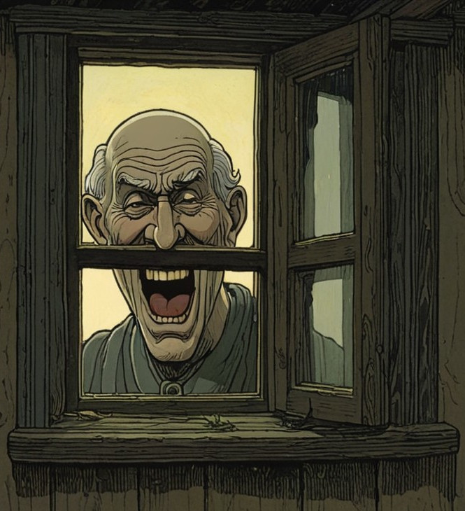 Elderly Man with Grin at Rustic Window Scene