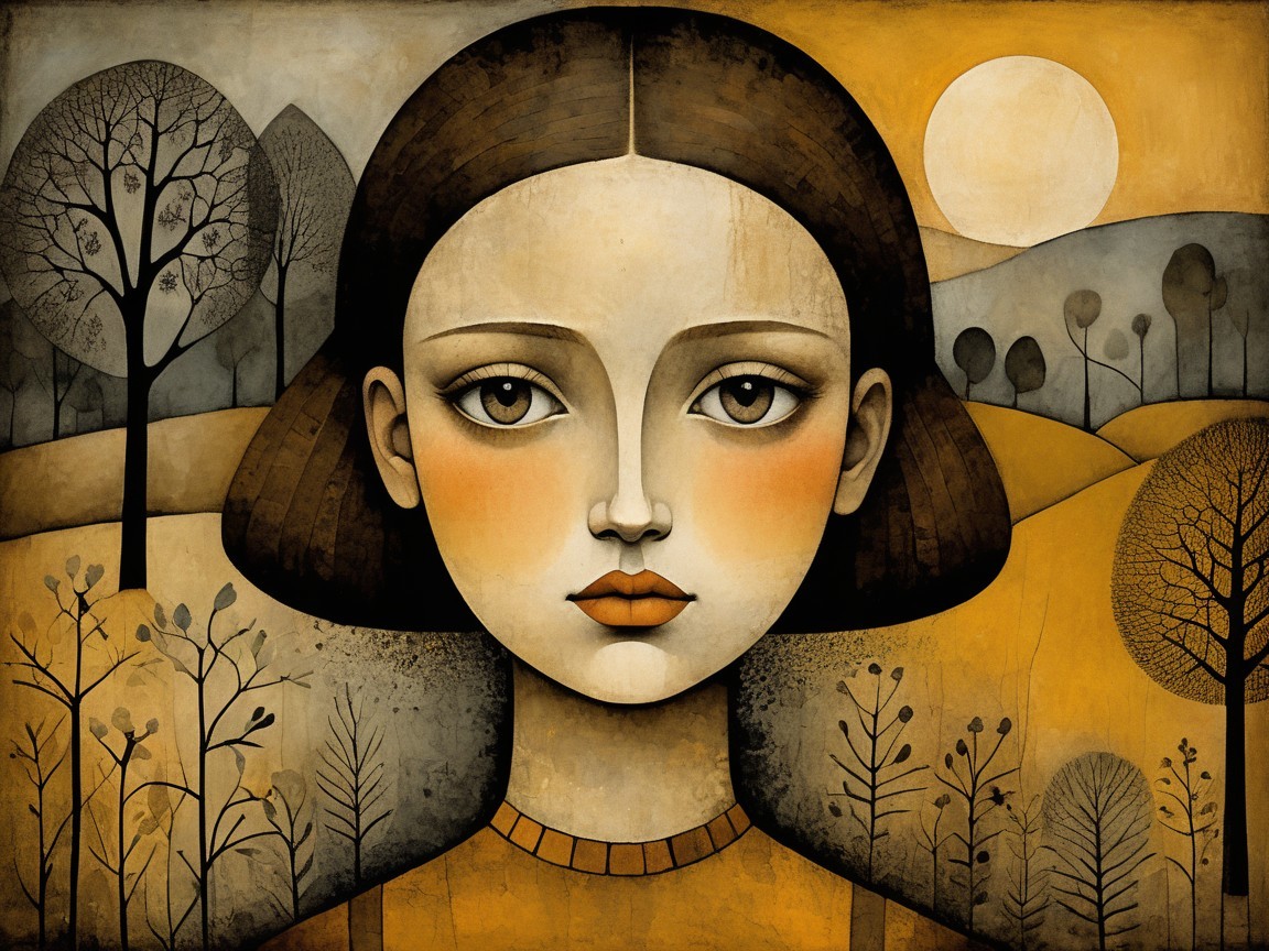 Stylized portrait of a young woman in serene landscape