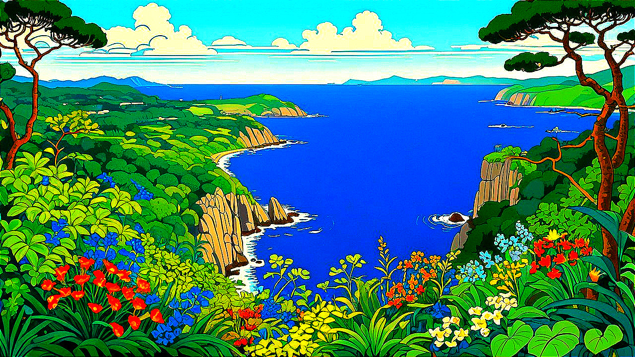 Vibrant Coastal Landscape with Lush Greenery and Cliffs