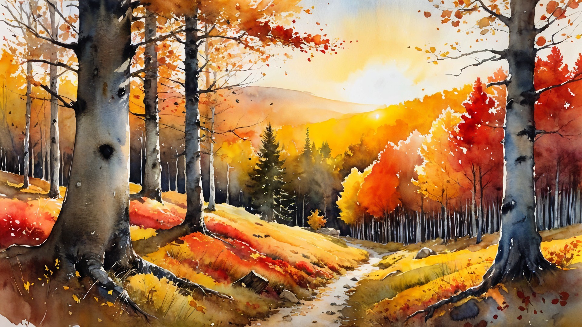 Autumn Forest Landscape with Sunset and Colorful Foliage