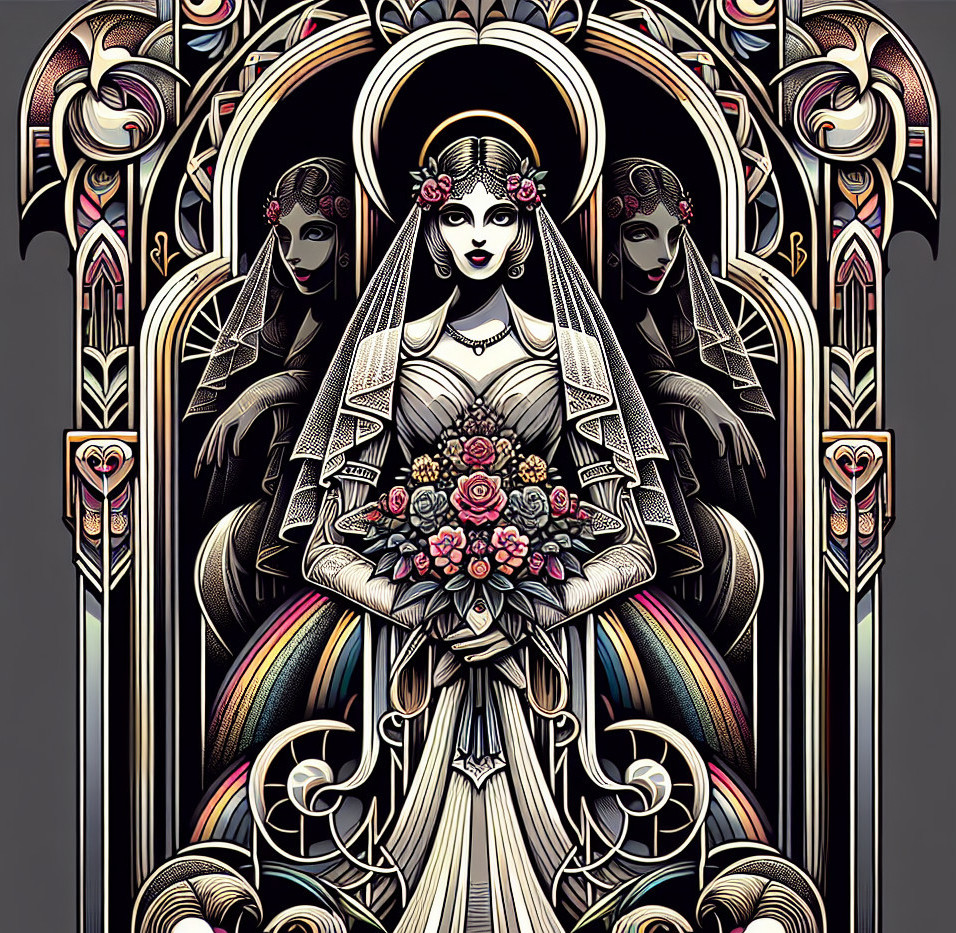 Ornate depiction of a bride in a flowing gown