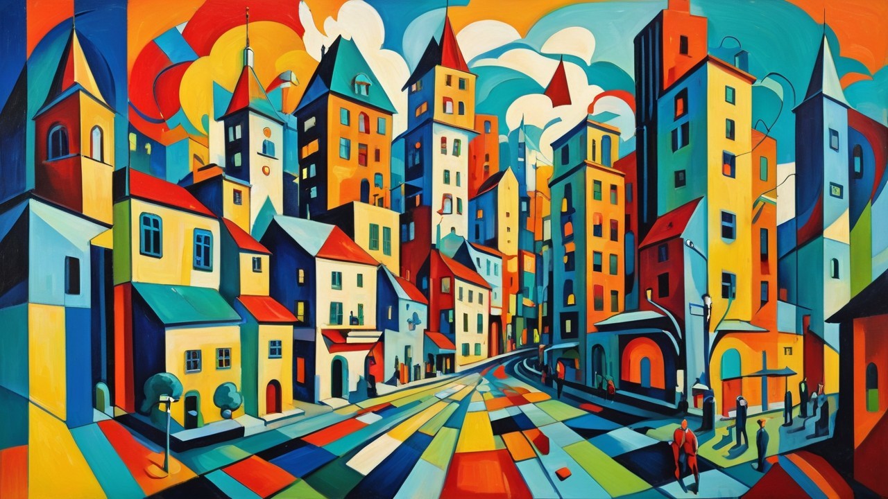 Vibrant Abstract Cityscape with Geometric Buildings