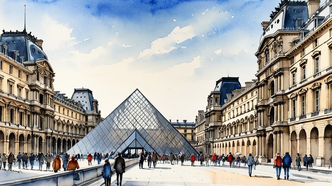 Louvre Museum with Glass Pyramid and Historic Architecture