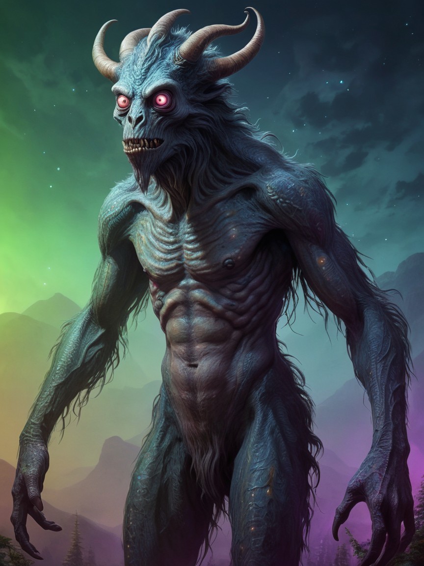 Menacing creature in mystical landscape with vibrant sky