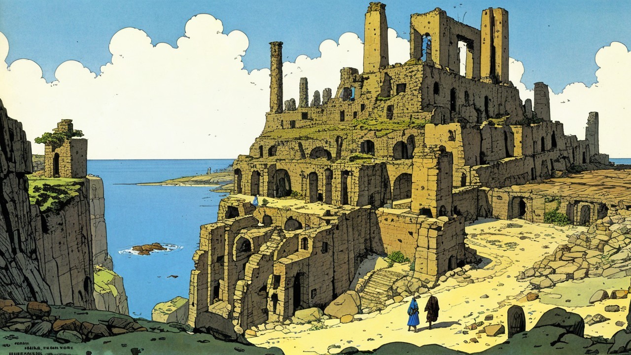 Ancient Ruin on Cliff Overlooking Ocean Landscape