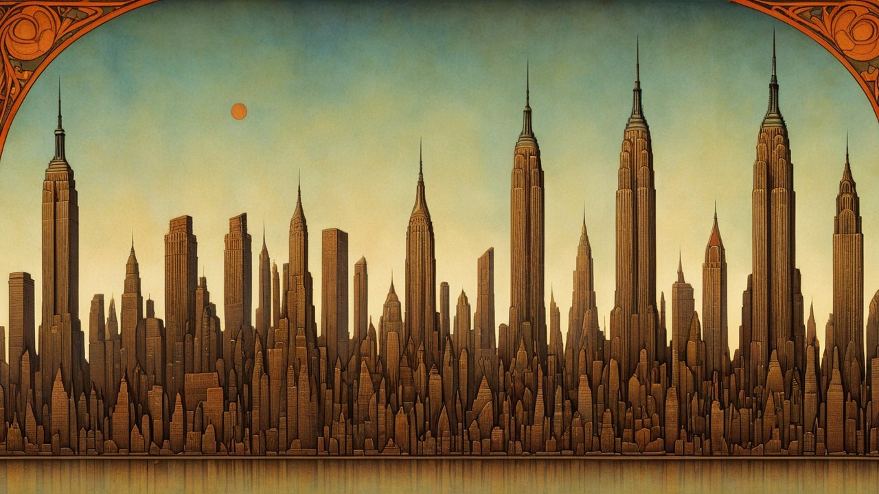 Stylized skyline with iconic skyscrapers and gradient sky
