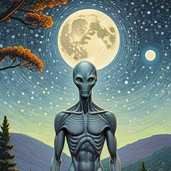 Humanoid Alien Under Starry Sky with Luminous Moon