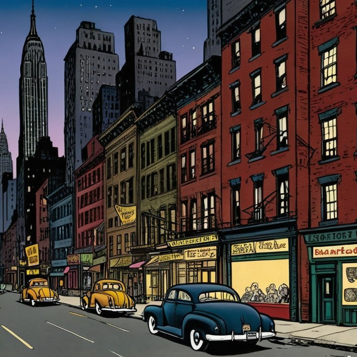 Vintage Cars and Tall Buildings on a Nightly Street