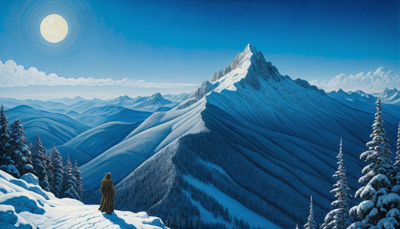 Winter Landscape with Moonlit Sky and Snowy Mountains