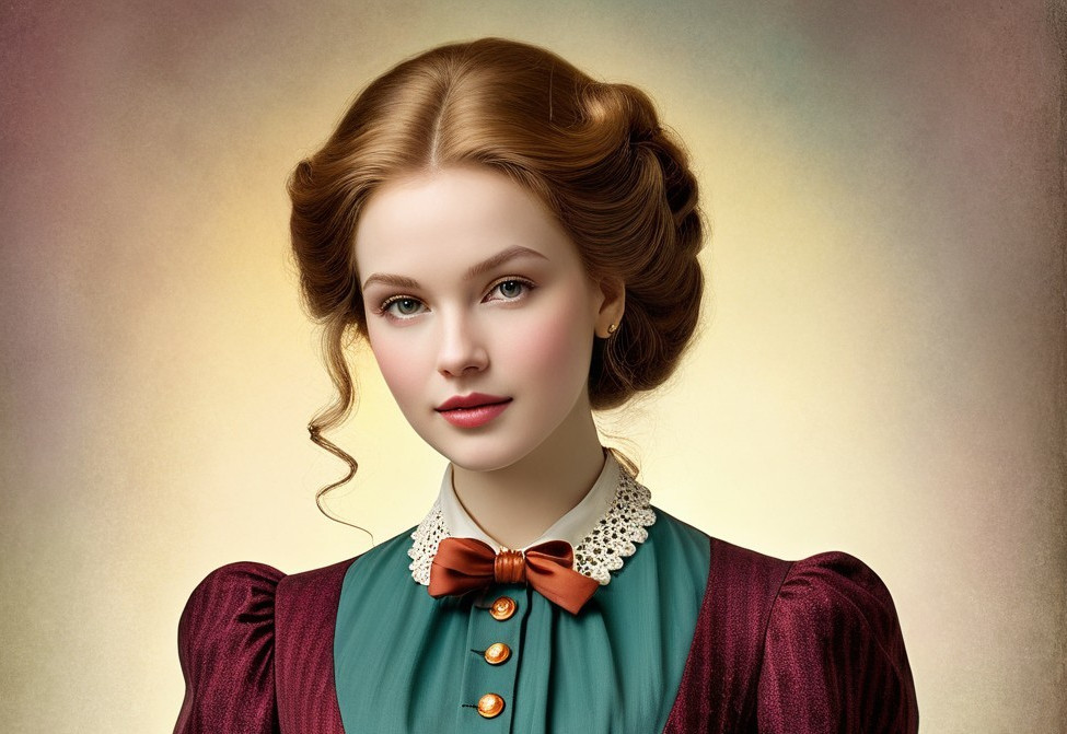 Elegant young woman in vintage burgundy and teal dress