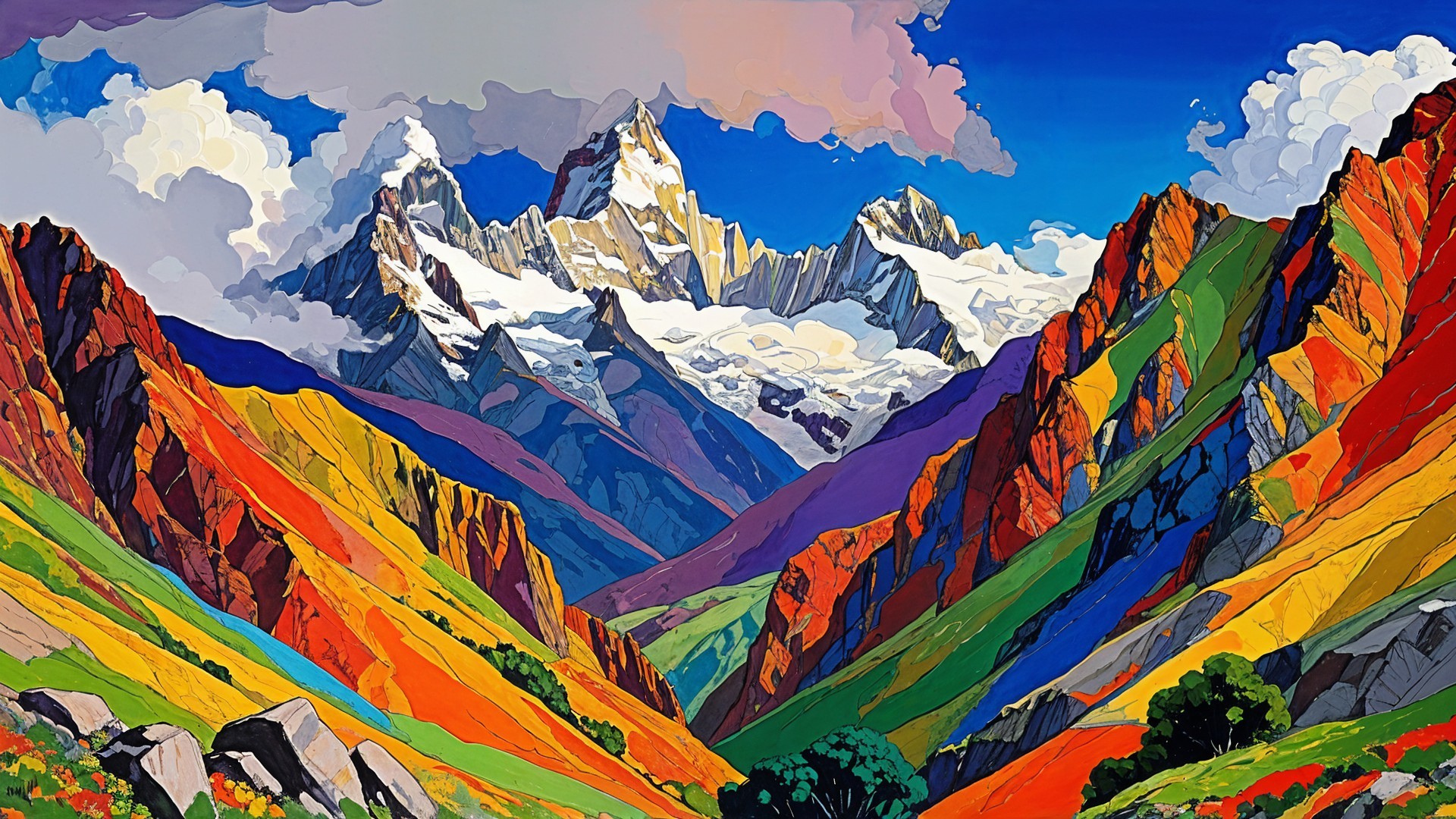 Vibrant Landscape with Majestic Snow-Capped Mountains