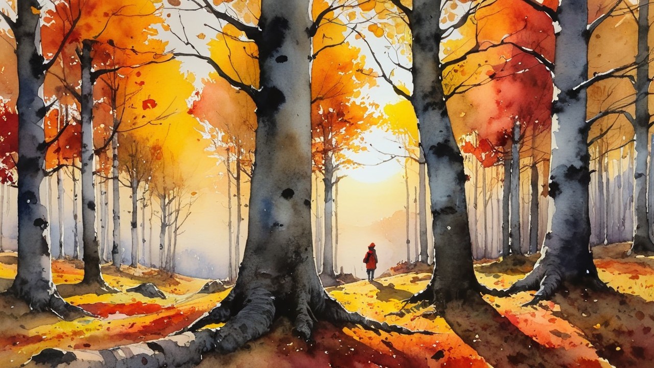 Serene Autumn Forest with Vibrant Leaves and Sunlight