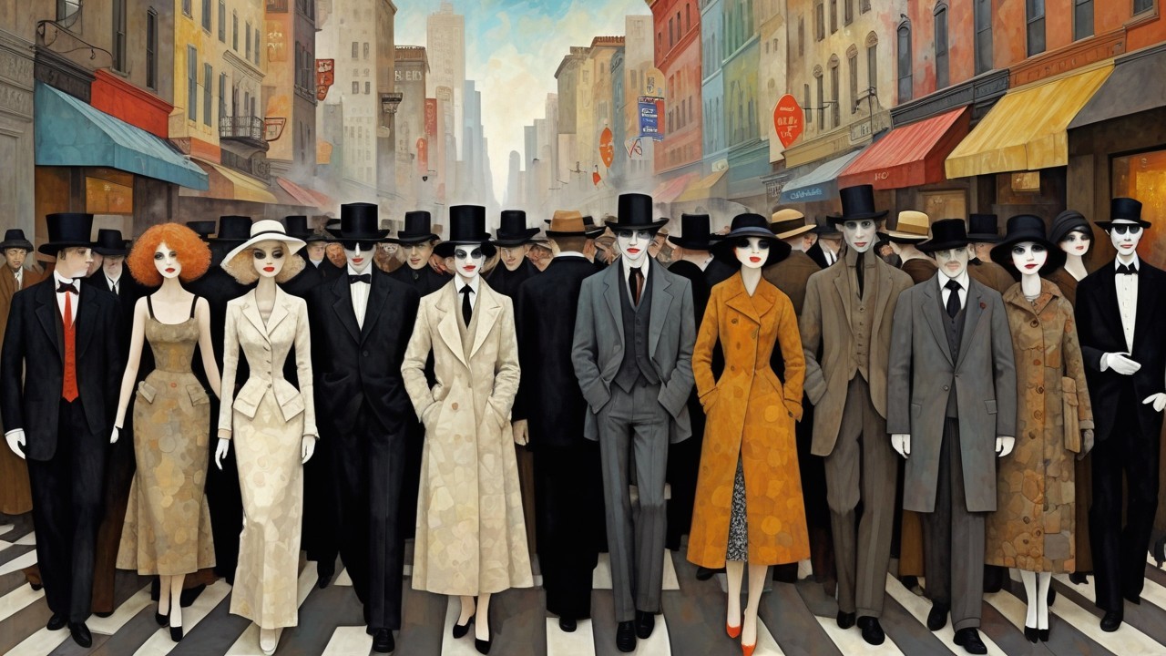 1940s Crowd in Vintage Fashion on City Street