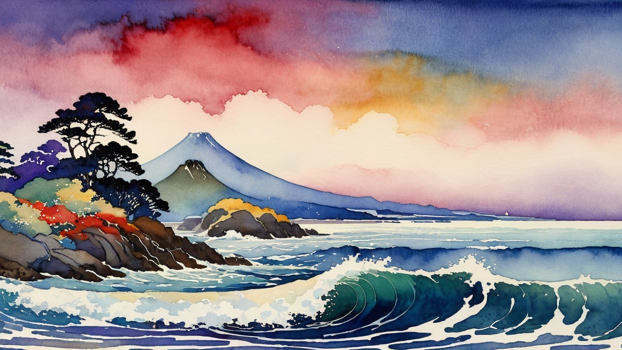 Watercolor Painting of Serene Coastal Landscape