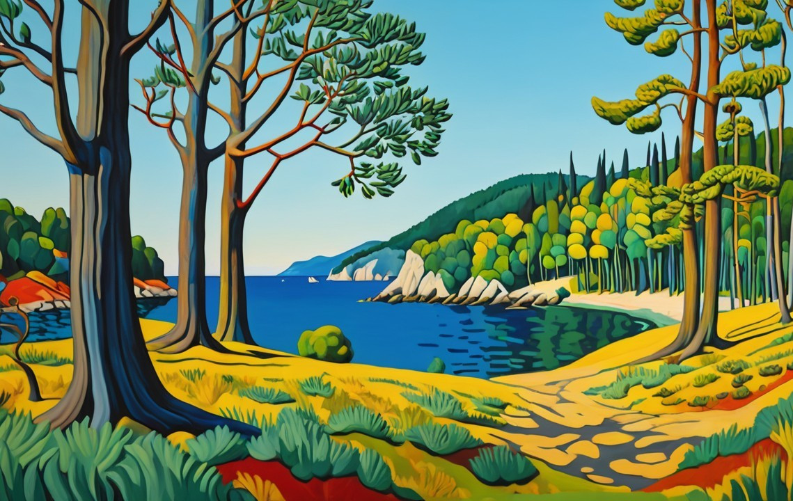 Vibrant Coastal Landscape with Lush Greenery and Hills