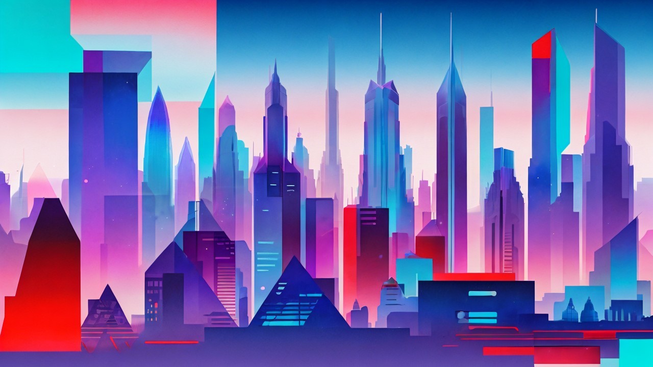 Futuristic Cityscape with Vibrant Skyscrapers and Colors