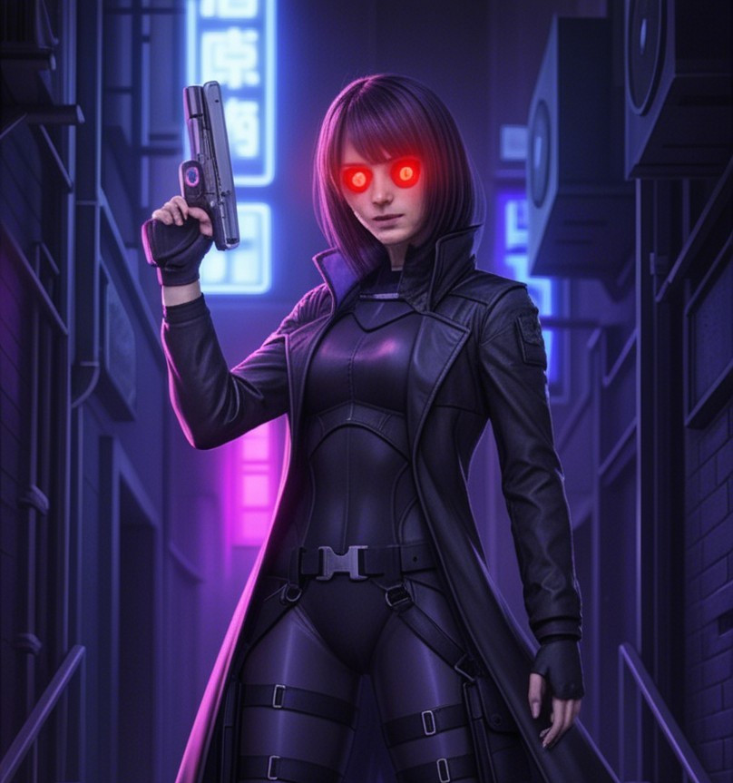 Futuristic Female Figure in Neon Alley with Handgun