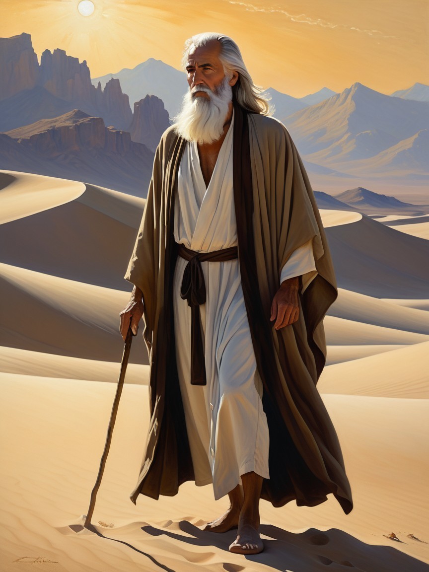 Elderly Figure in Desert Dunes with Wooden Staff