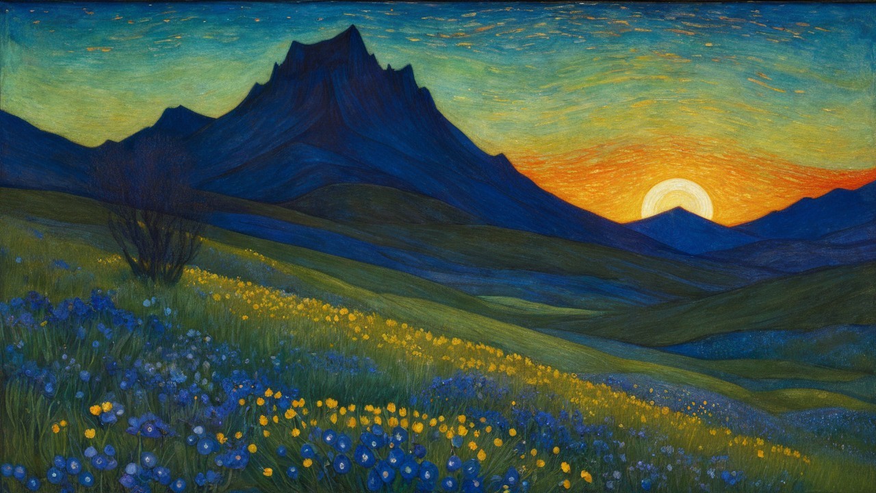 Vibrant Sunset Over Mountains and Wildflower Field