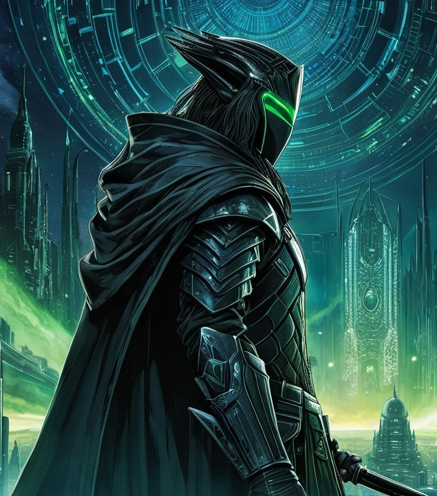 Mysterious Figure in Black Armor Against Futuristic Scene