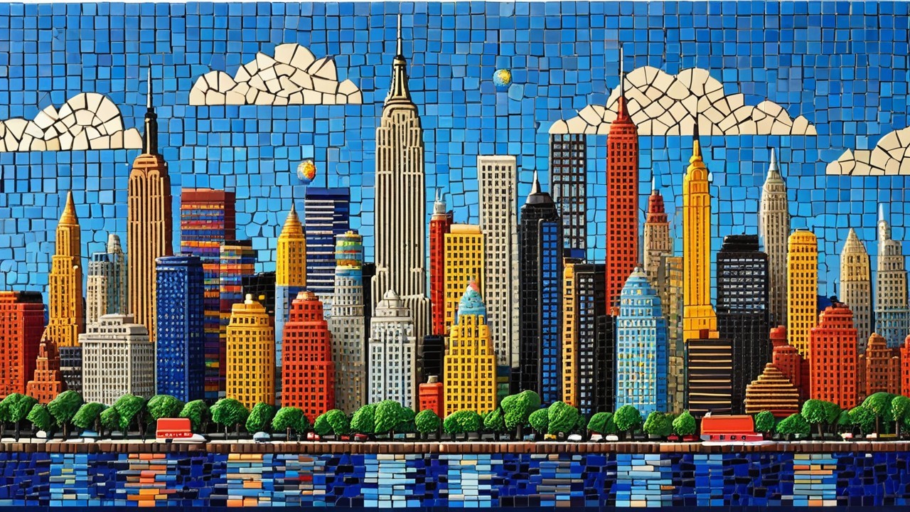 Vibrant Mosaic of a Colorful City Skyline Scene