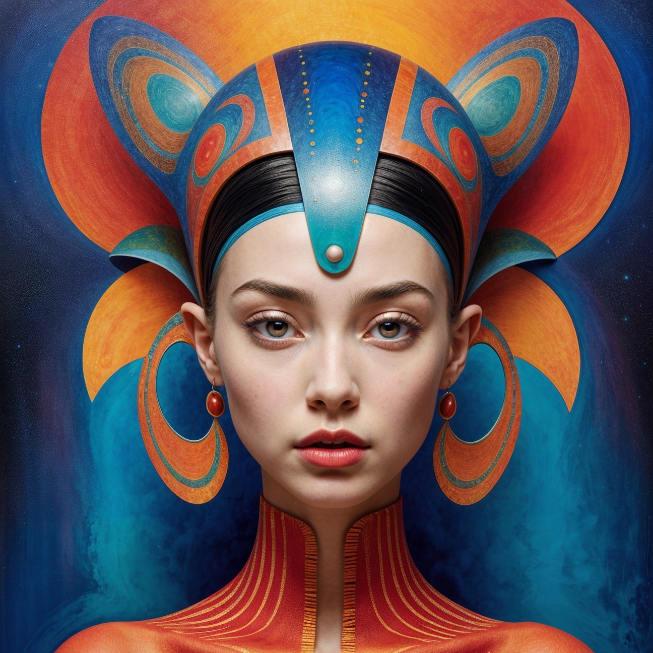 Woman in Vibrant Colors with Cosmic Background