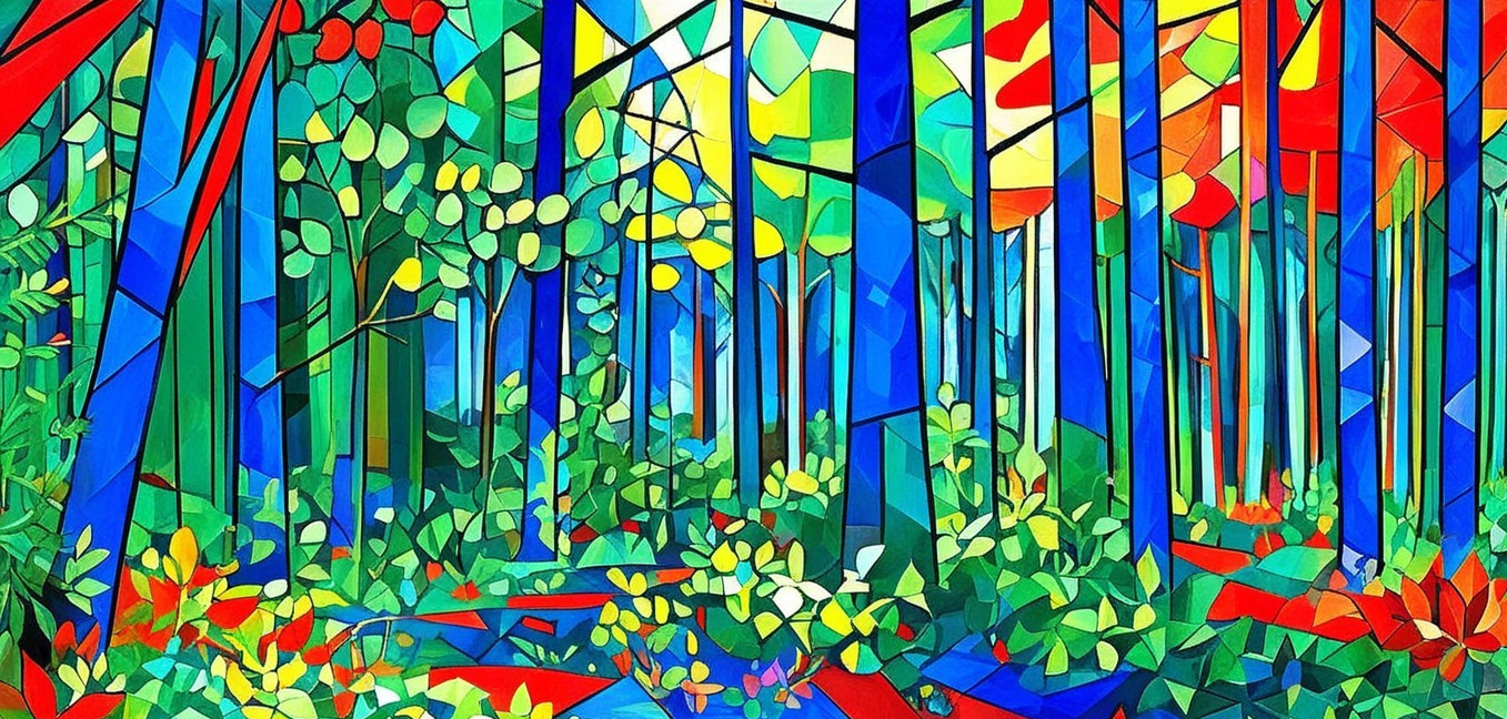 Abstract Forest in Geometric Shapes and Bright Colors