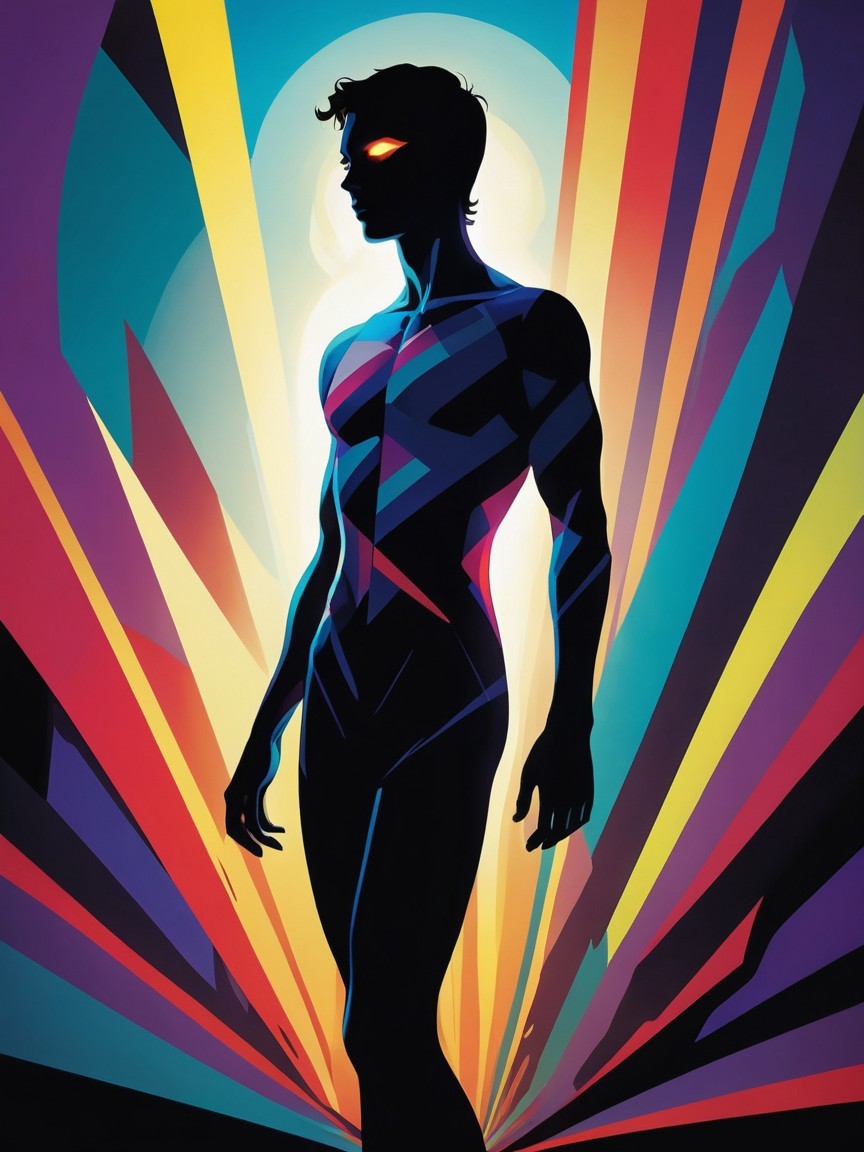 Silhouetted Figure with Vibrant Pattern and Glowing Eyes