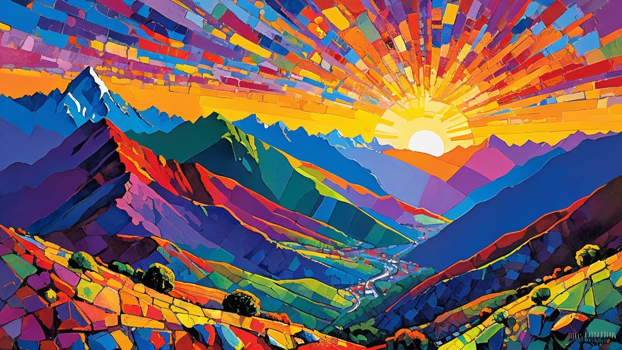 Vibrant Sunrise Over Colorful Mountains and Valleys